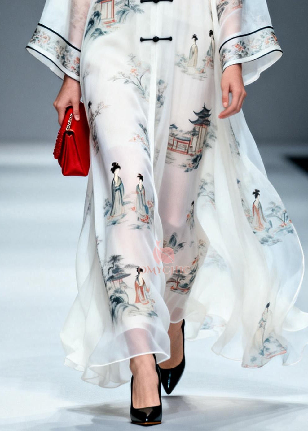 Landscape Print Mandarin Collar Frog Button Long Sleeve Chiffon Maxi Gown