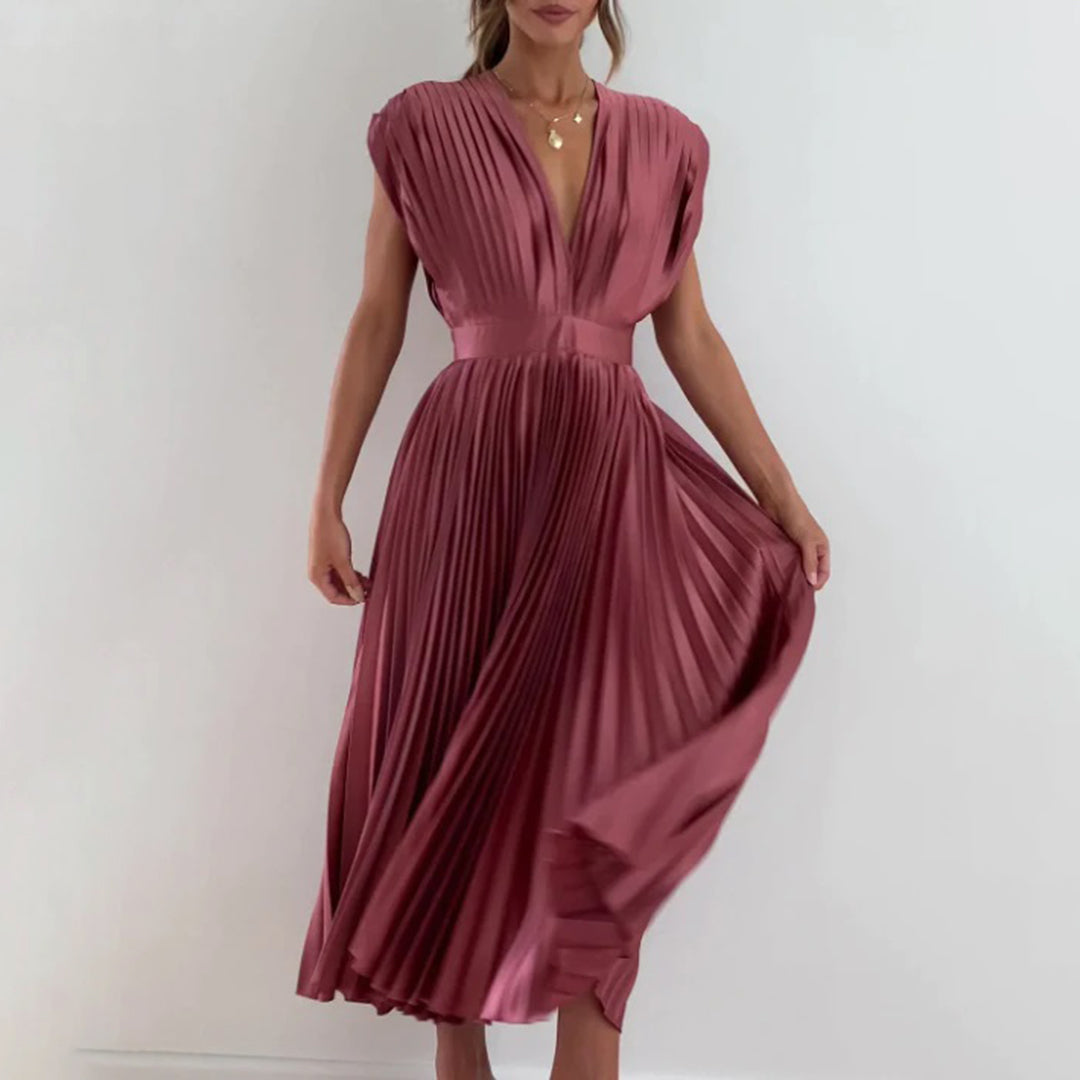 Mertxe Elegant V-neck Pleated Maxi Dress for Women Sophisticated Look