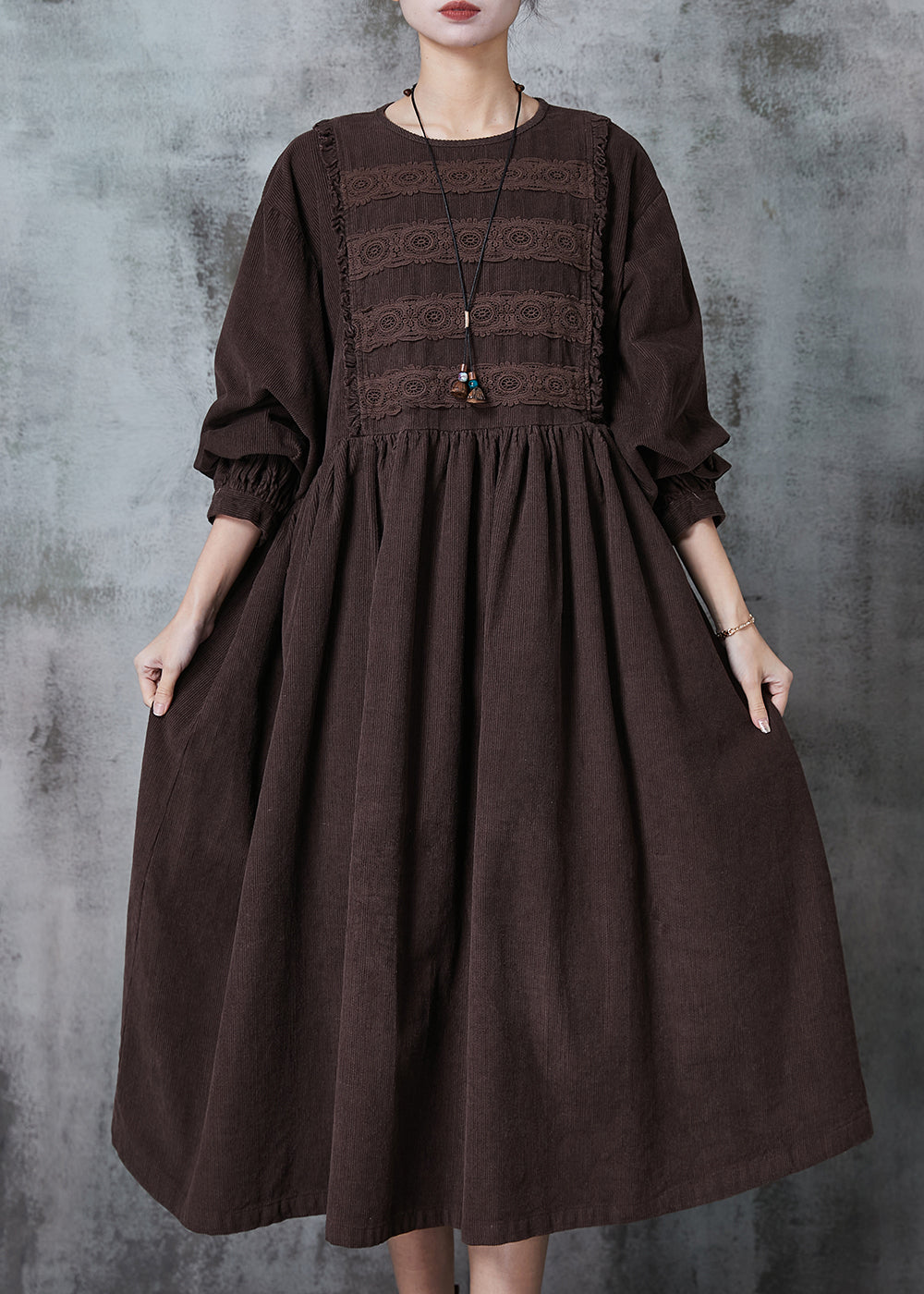 Corduroy Lace Insert Bishop Sleeve Empire Waist Midi Dress