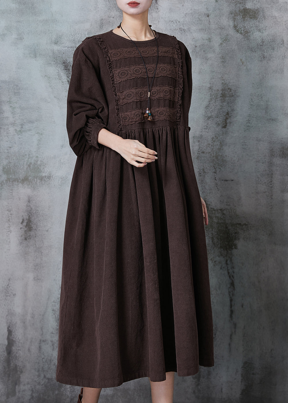 Corduroy Lace Insert Bishop Sleeve Empire Waist Midi Dress