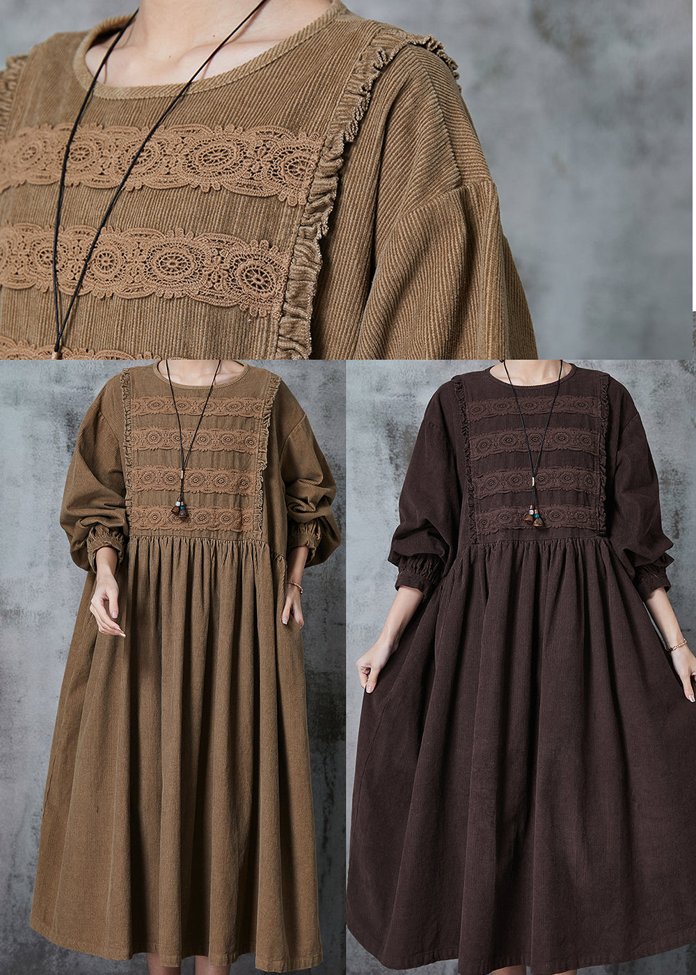 Corduroy Lace Insert Bishop Sleeve Empire Waist Midi Dress