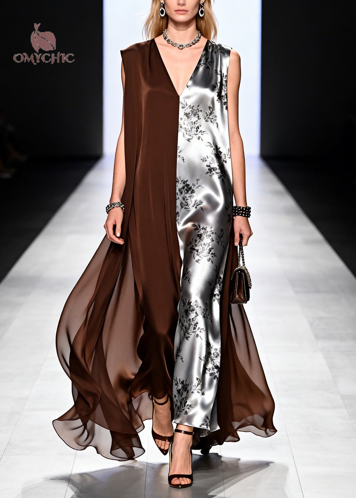 Floral Print Satin Deep V-Neck Sleeveless Split Panel Cape Drape Maxi Gown