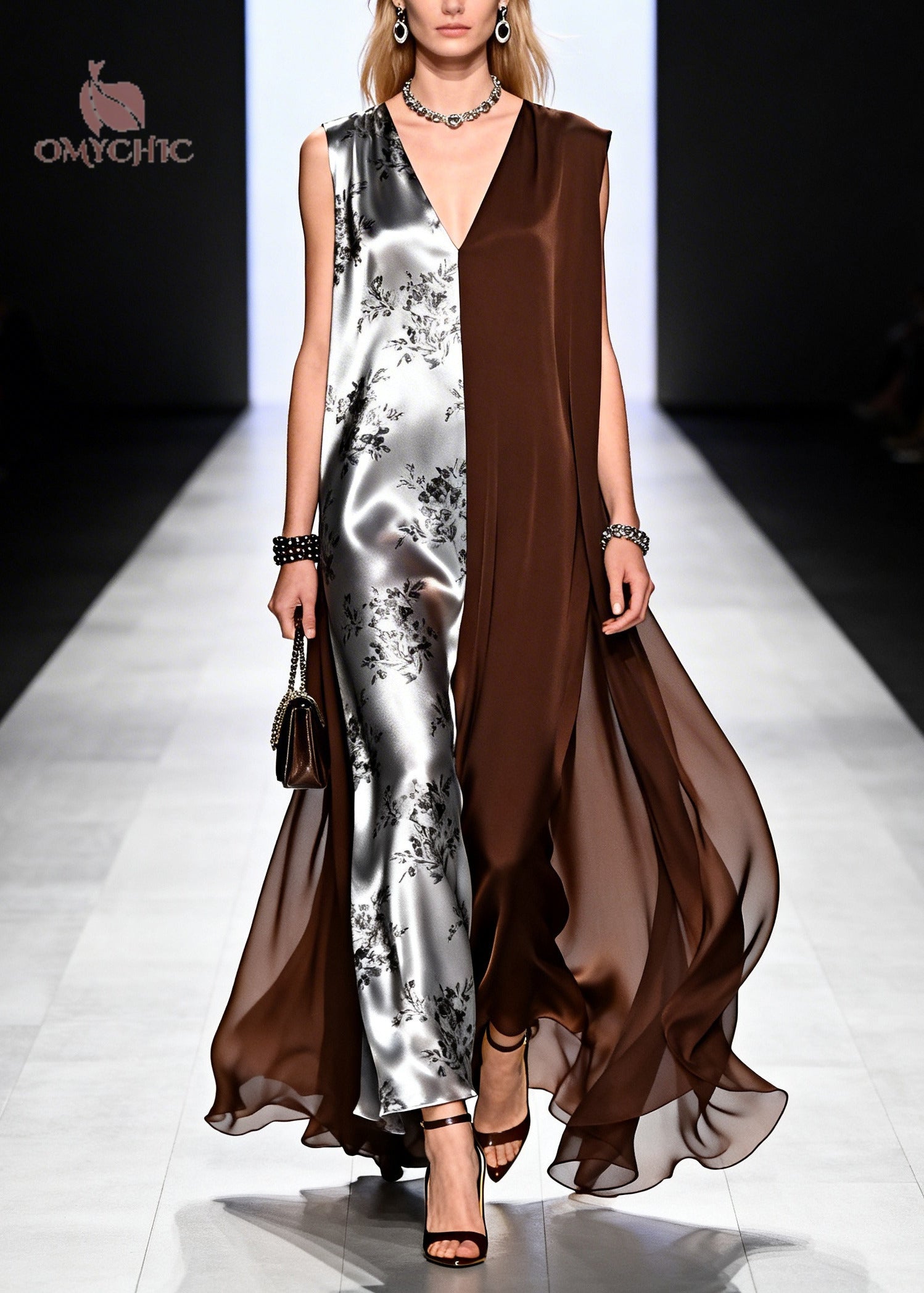 Floral Print Satin Deep V-Neck Sleeveless Split Panel Cape Drape Maxi Gown