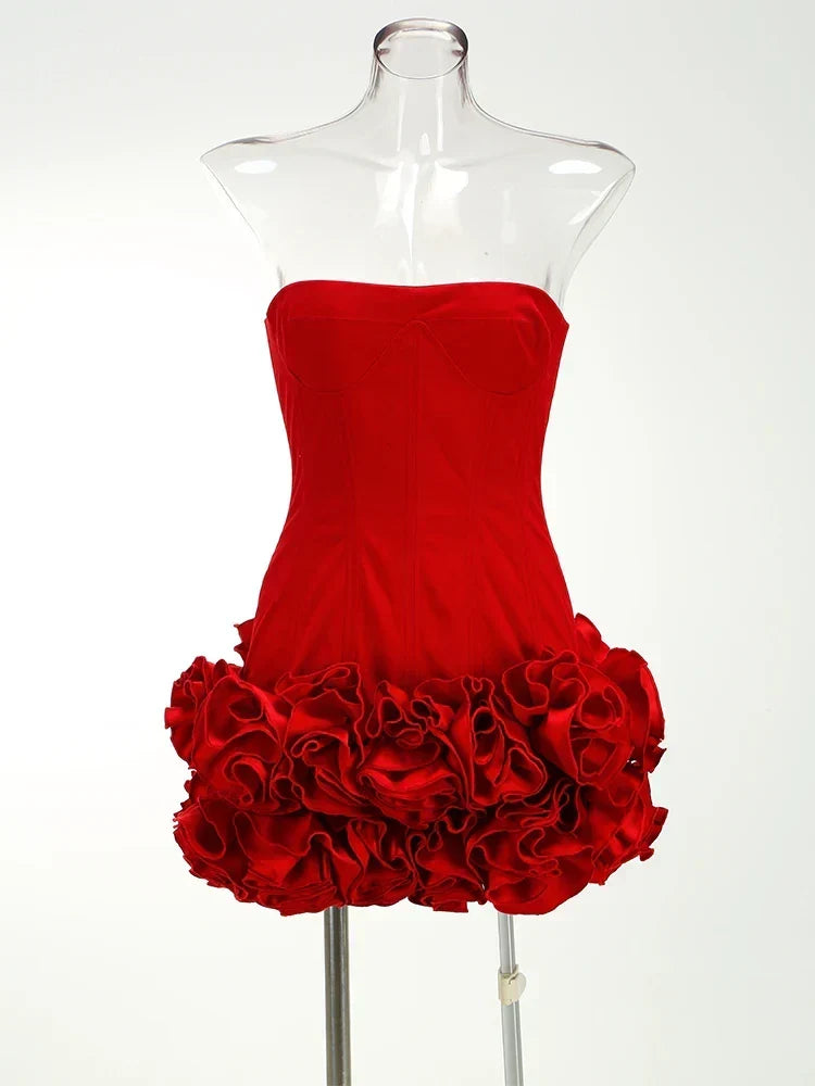 Strapless Corset Bodice Rosette Ruffle Hem Mini Party Dress 2
