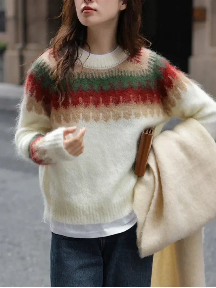 Crew Neck Fair Isle Yoke Fuzzy Knit Long Sleeve Sweater