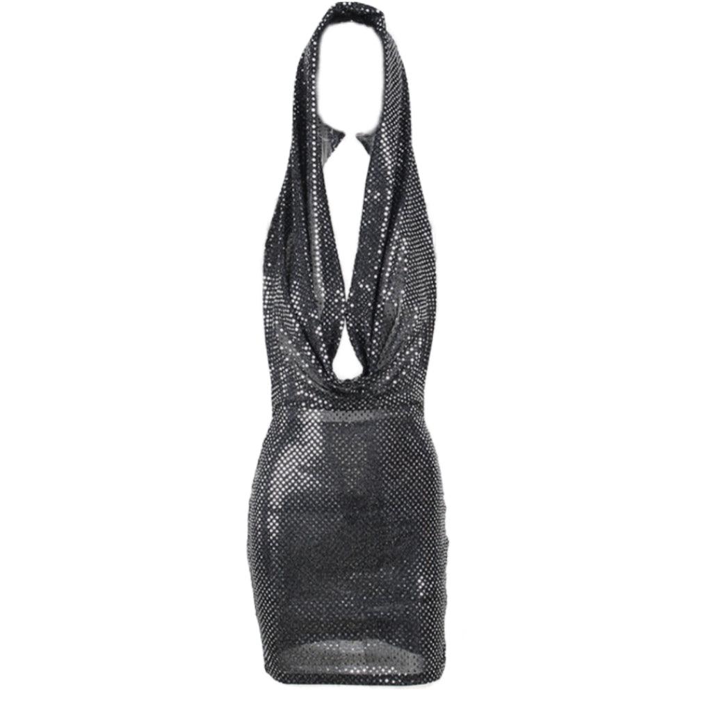Sequin Hooded Deep V-Neck Cowl Neck Bodycon Mini Dress