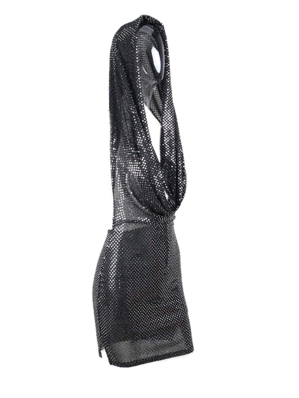 Sequin Hooded Deep V-Neck Cowl Neck Bodycon Mini Dress