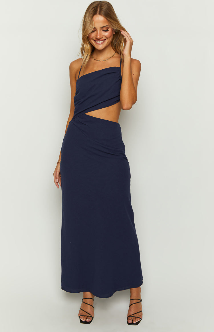 Asymmetric Neck Spaghetti Strap Twist Front Side Cut Out Maxi Dress 2