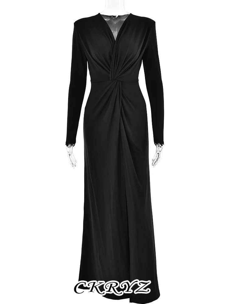 Deep V-Neck Long Sleeve Twist Front High Split Bodycon Maxi Dress
