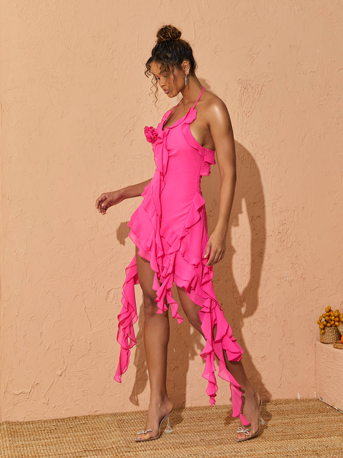 Claire Plunge Mesh Mini Dress In Hot Pink 4