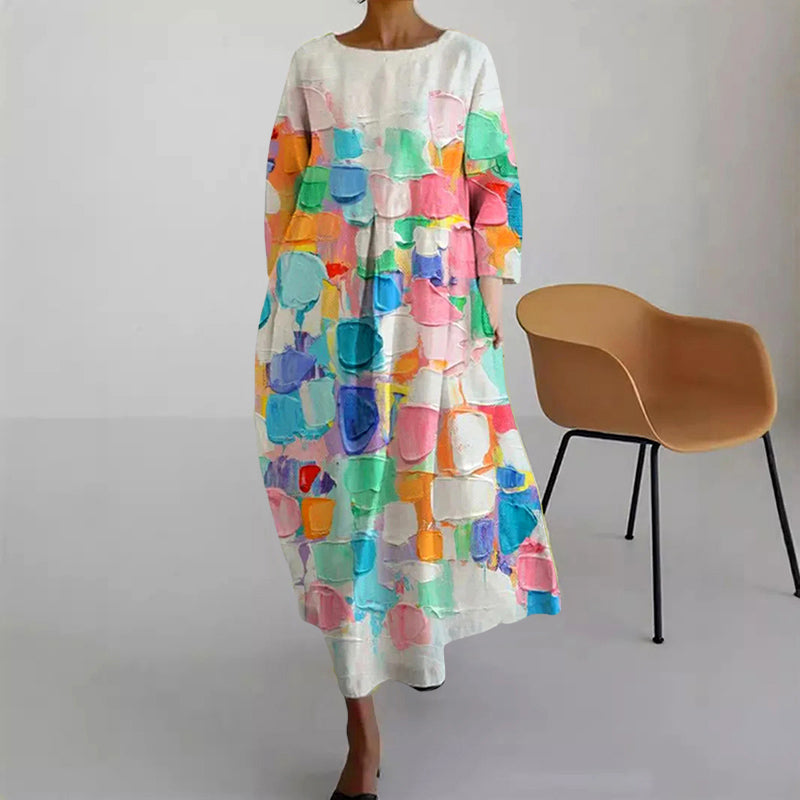 Turtle Print Round Neck Long Sleeve Midi Dress 5