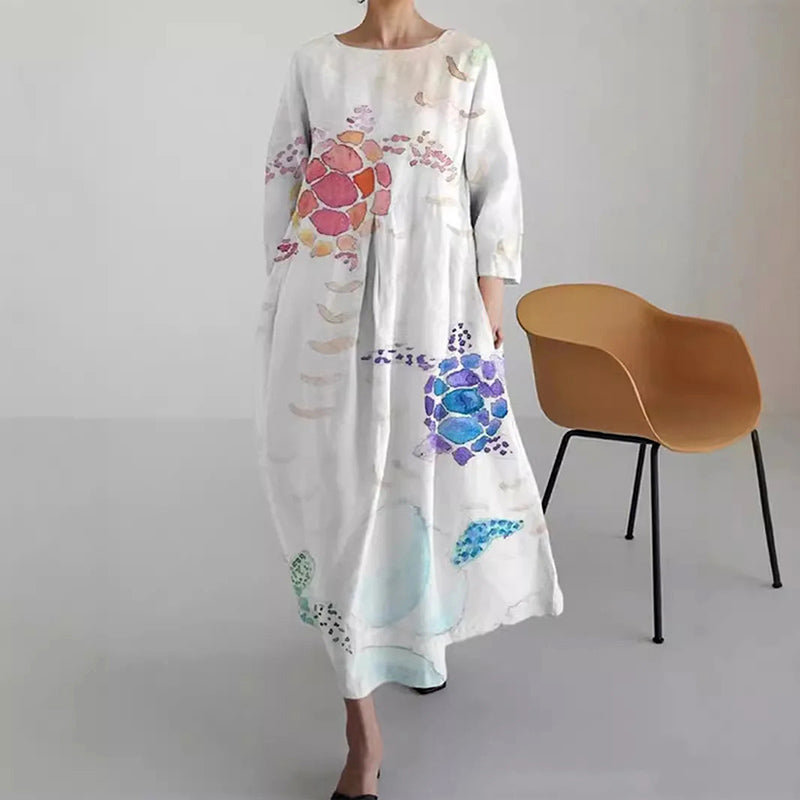 Turtle Print Round Neck Long Sleeve Midi Dress 4