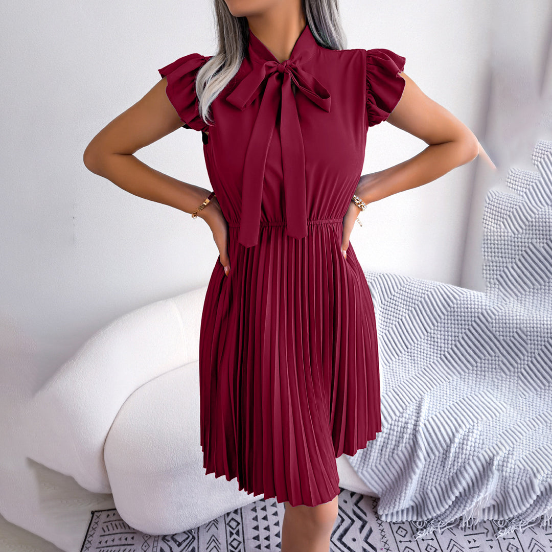 Tie Neck Ruffle Sleeve Accordion Pleated Mini Dress