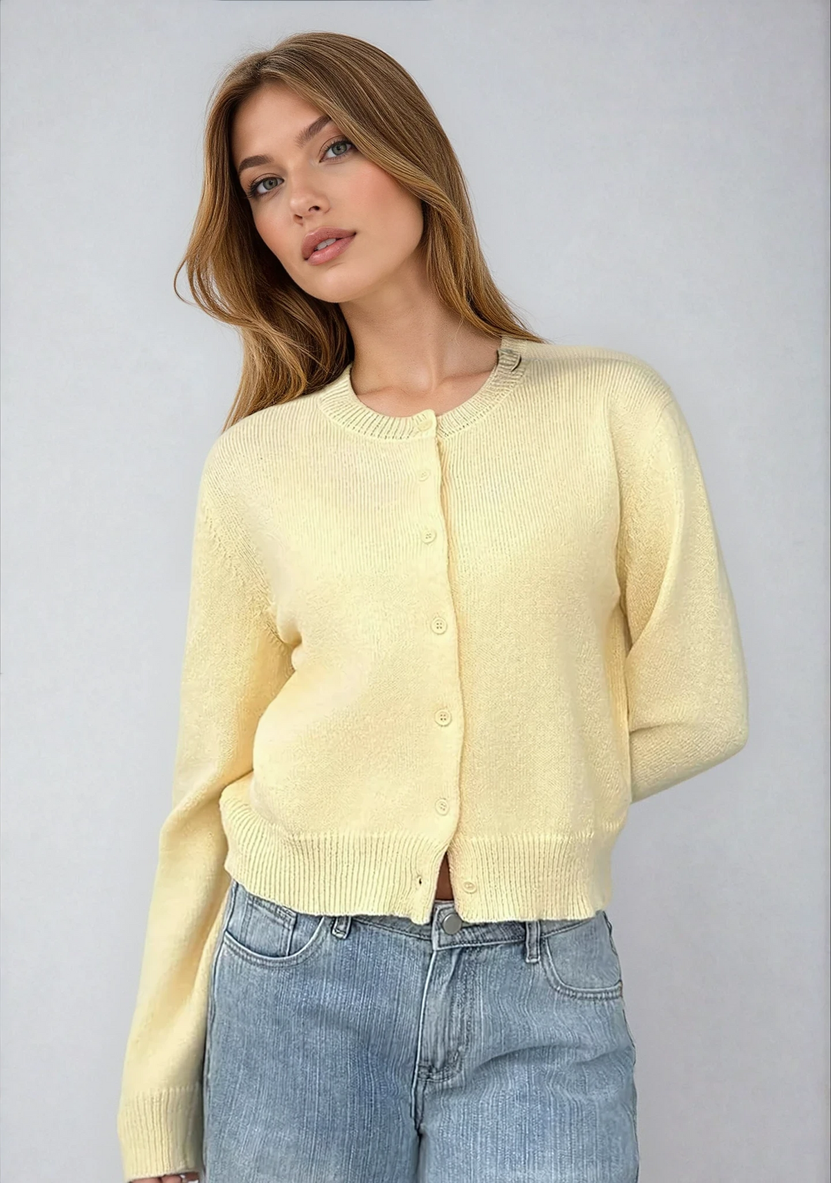 Round Neck Button Front Cropped Knit Cardigan
