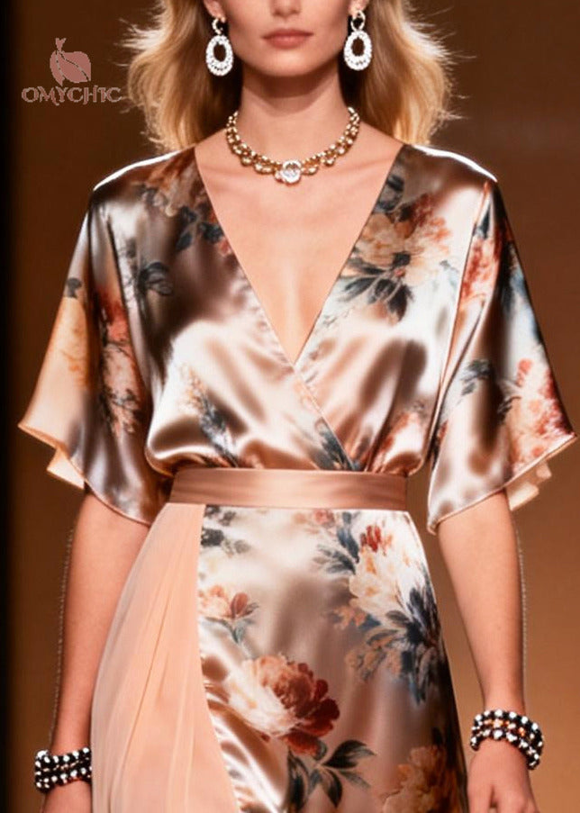 Floral Print Deep V-Neck Flutter Sleeve Satin Chiffon Panel Asymmetric Wrap Midi Dress