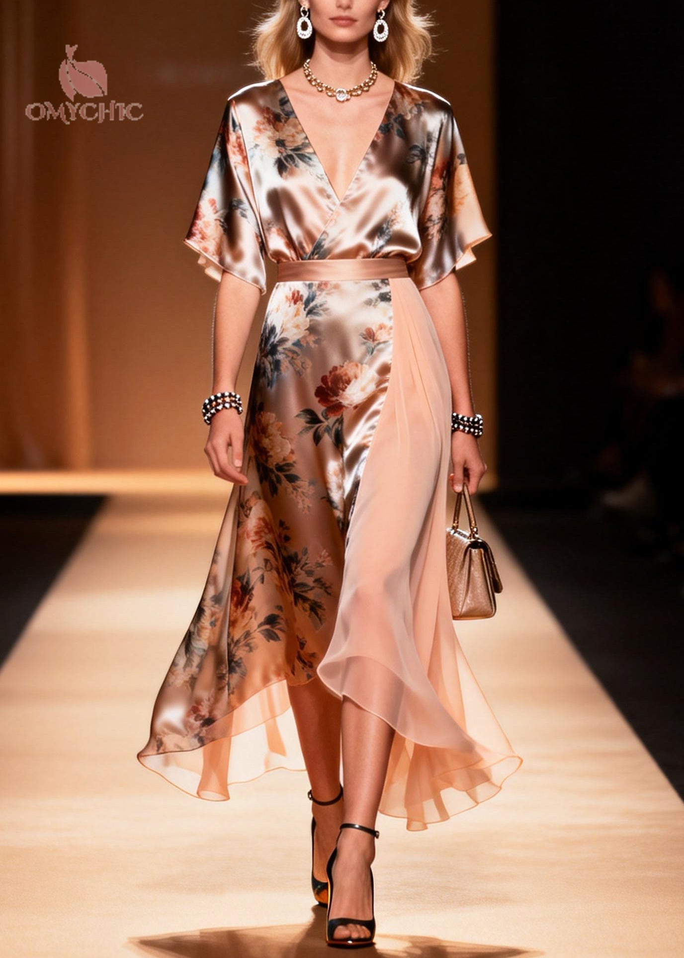Floral Print Deep V-Neck Flutter Sleeve Satin Chiffon Panel Asymmetric Wrap Midi Dress