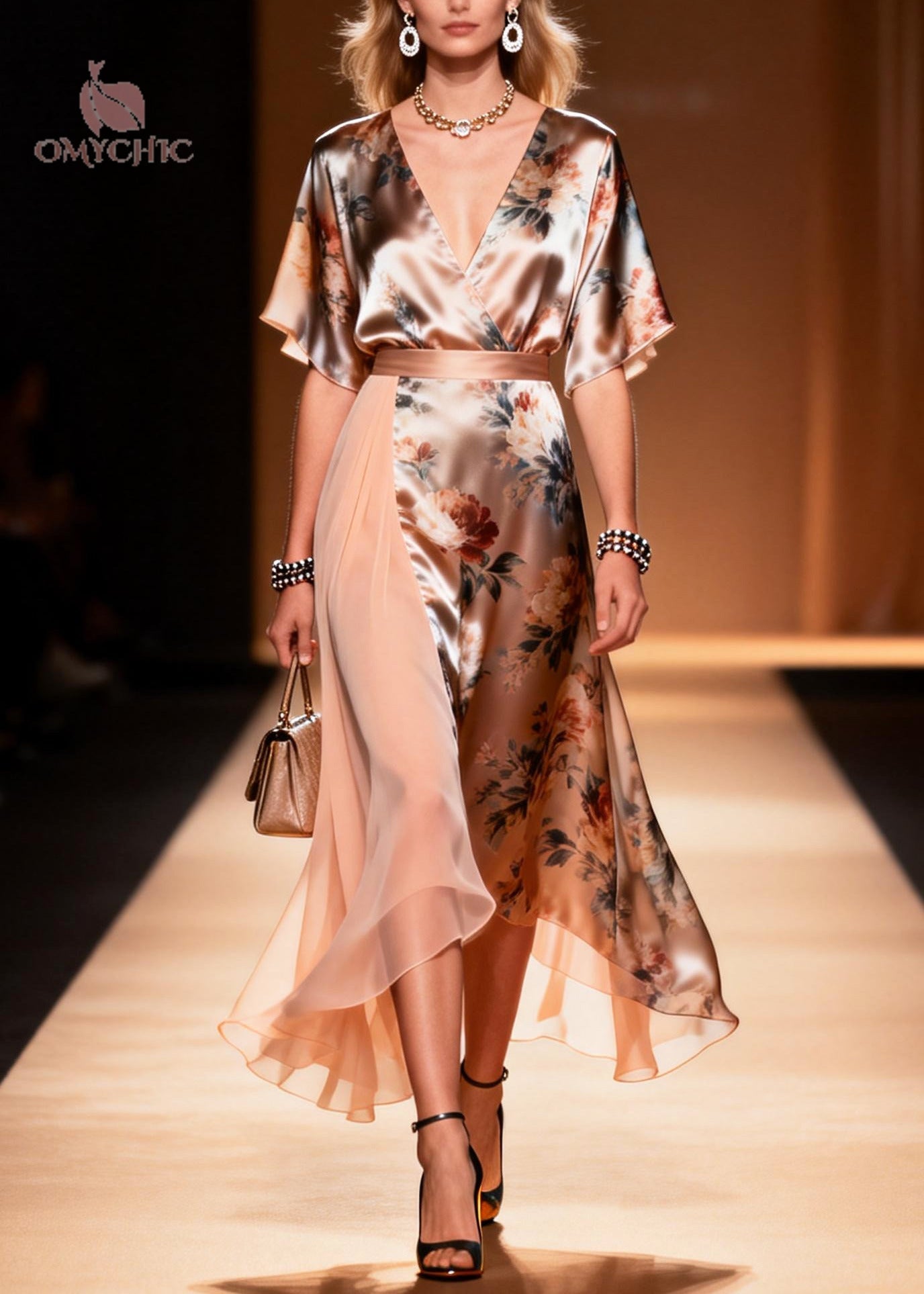 Floral Print Deep V-Neck Flutter Sleeve Satin Chiffon Panel Asymmetric Wrap Midi Dress