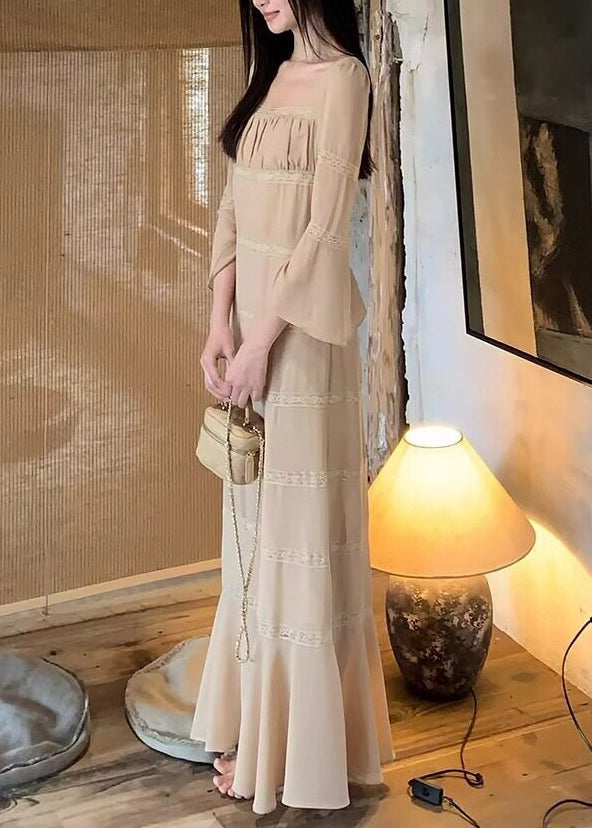 Square Neck Bell Sleeve Lace Trim Tiered Maxi Dress