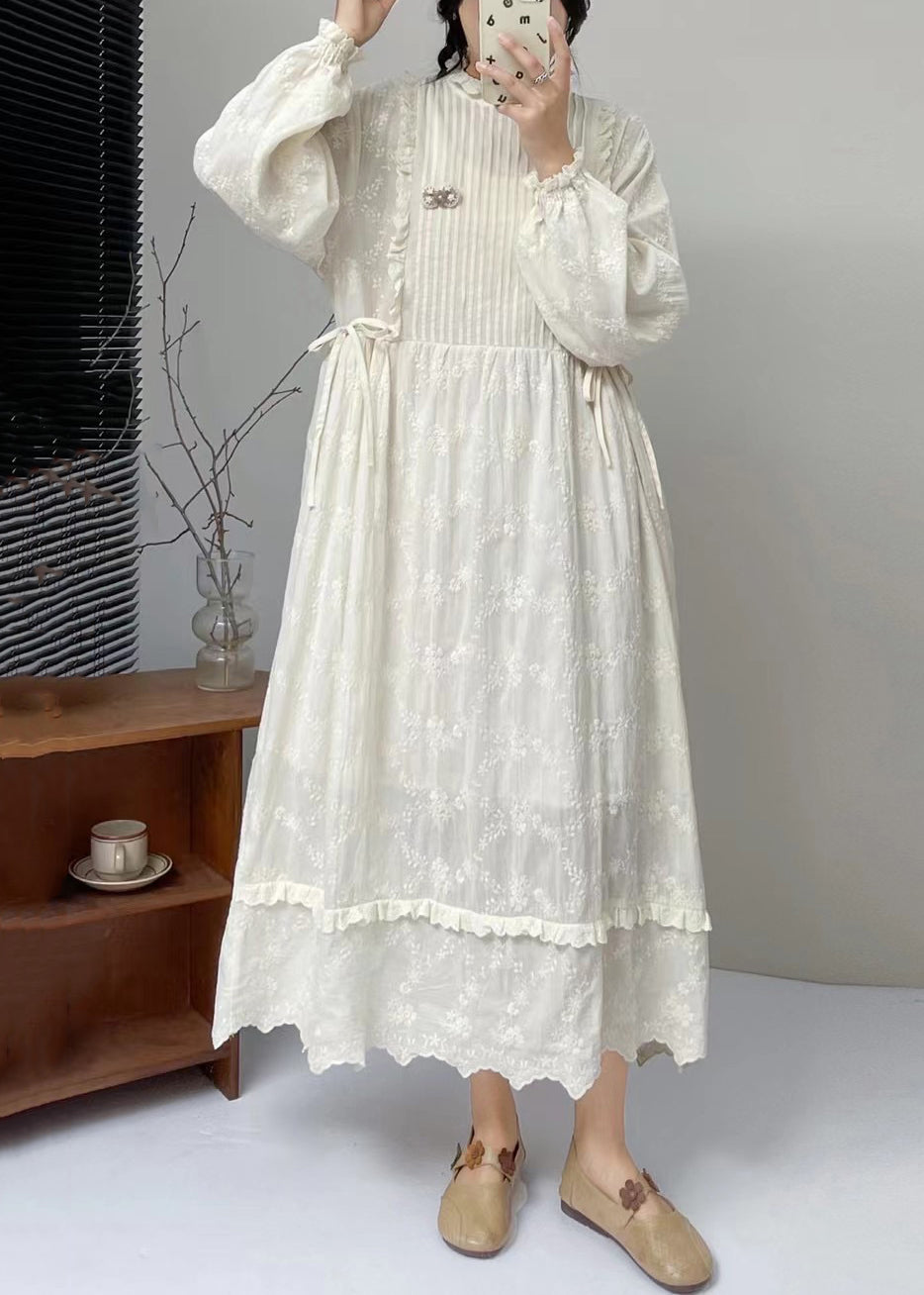 Classy Beige Embroideried Ruffled Lace Up Cotton Long Dress Spring - View 3