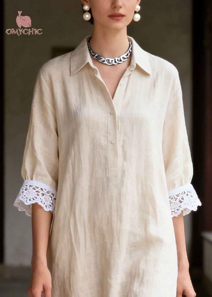 Classy Beige Peter Pan Collar Patchwork Lace Long Dresses Summer