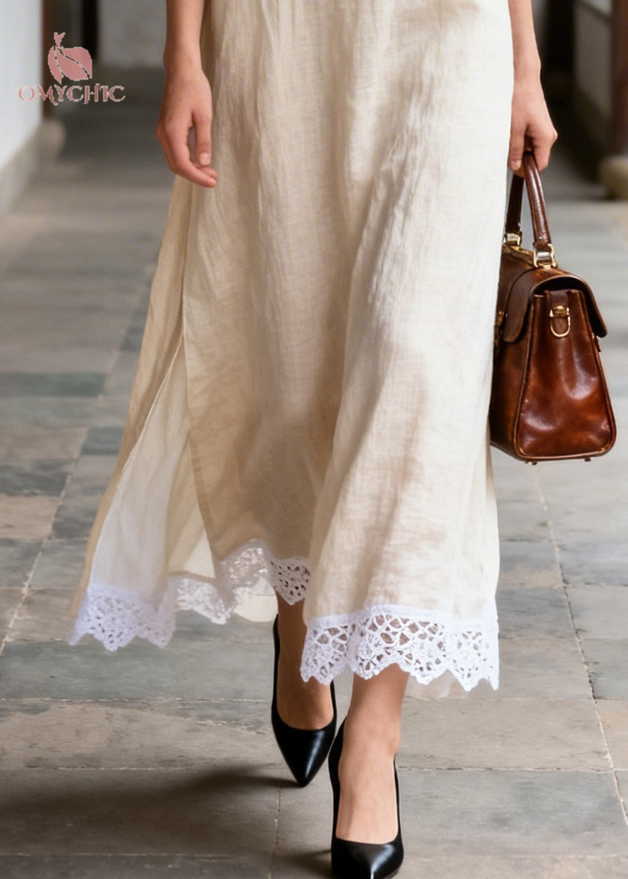 Lace Trim Collar Button Front Three-Quarter Sleeve High Split Linen Maxi Dress