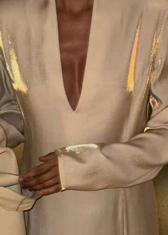 Metallic Satin Deep V-Neck Padded Shoulder Long Sleeve High Split Maxi Gown