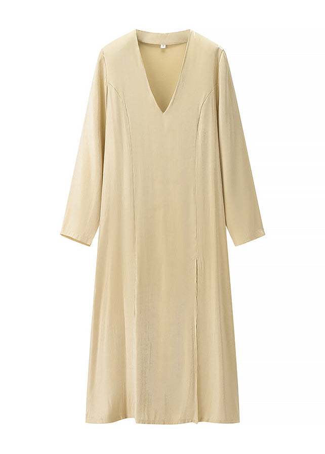 Metallic Satin Deep V-Neck Padded Shoulder Long Sleeve High Split Maxi Gown
