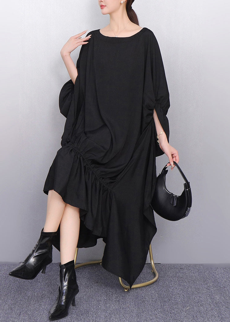 Oversized Batwing Sleeve High Low Ruffle Tier Midi Dress