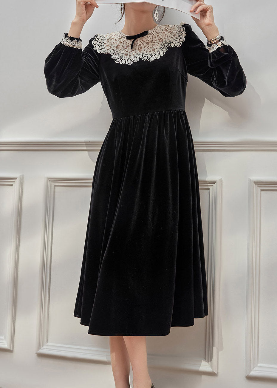 Velvet Long Sleeve Lace Peter Pan Collar Bow A-Line Maxi Dress