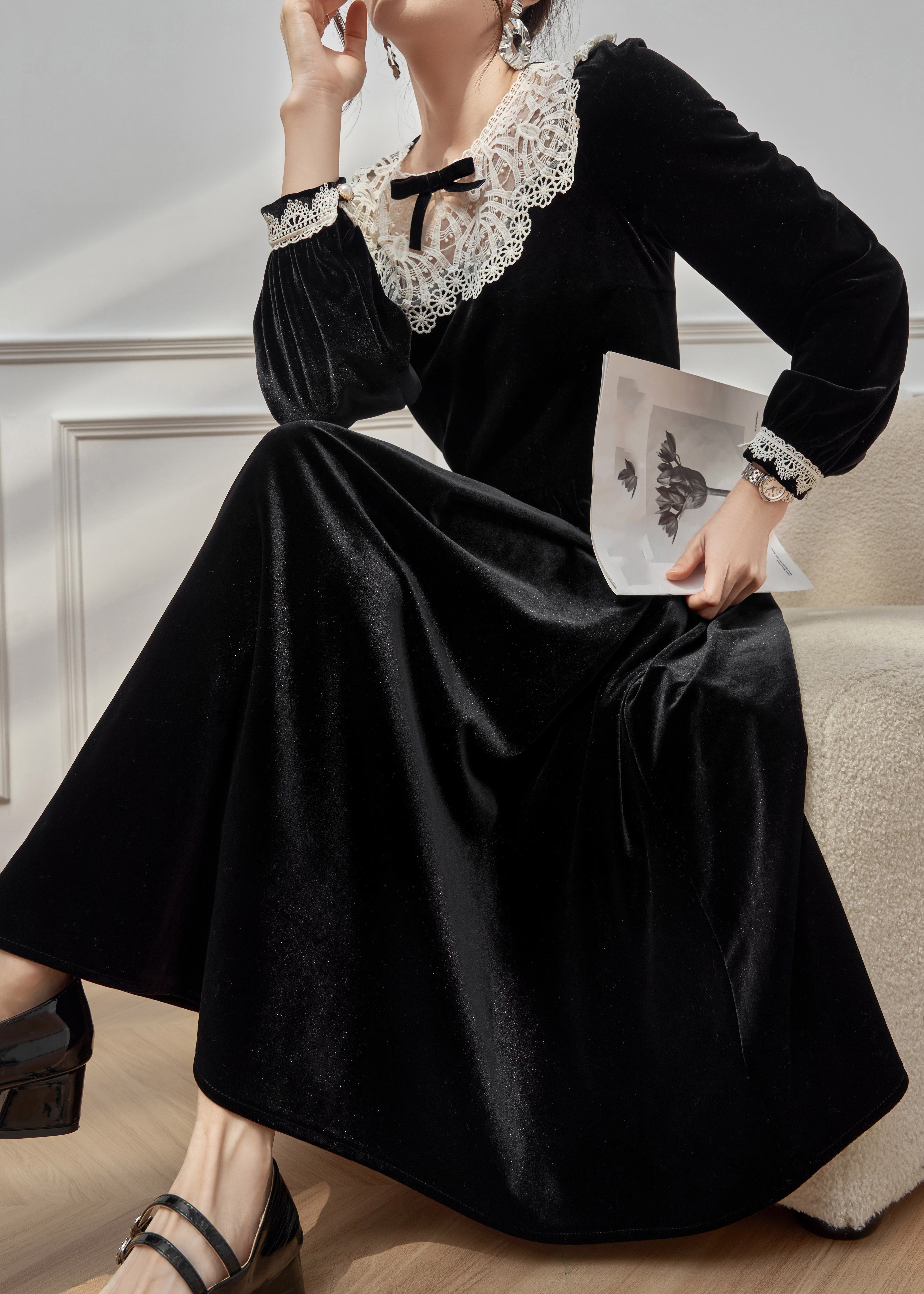 Velvet Long Sleeve Lace Peter Pan Collar Bow A-Line Maxi Dress