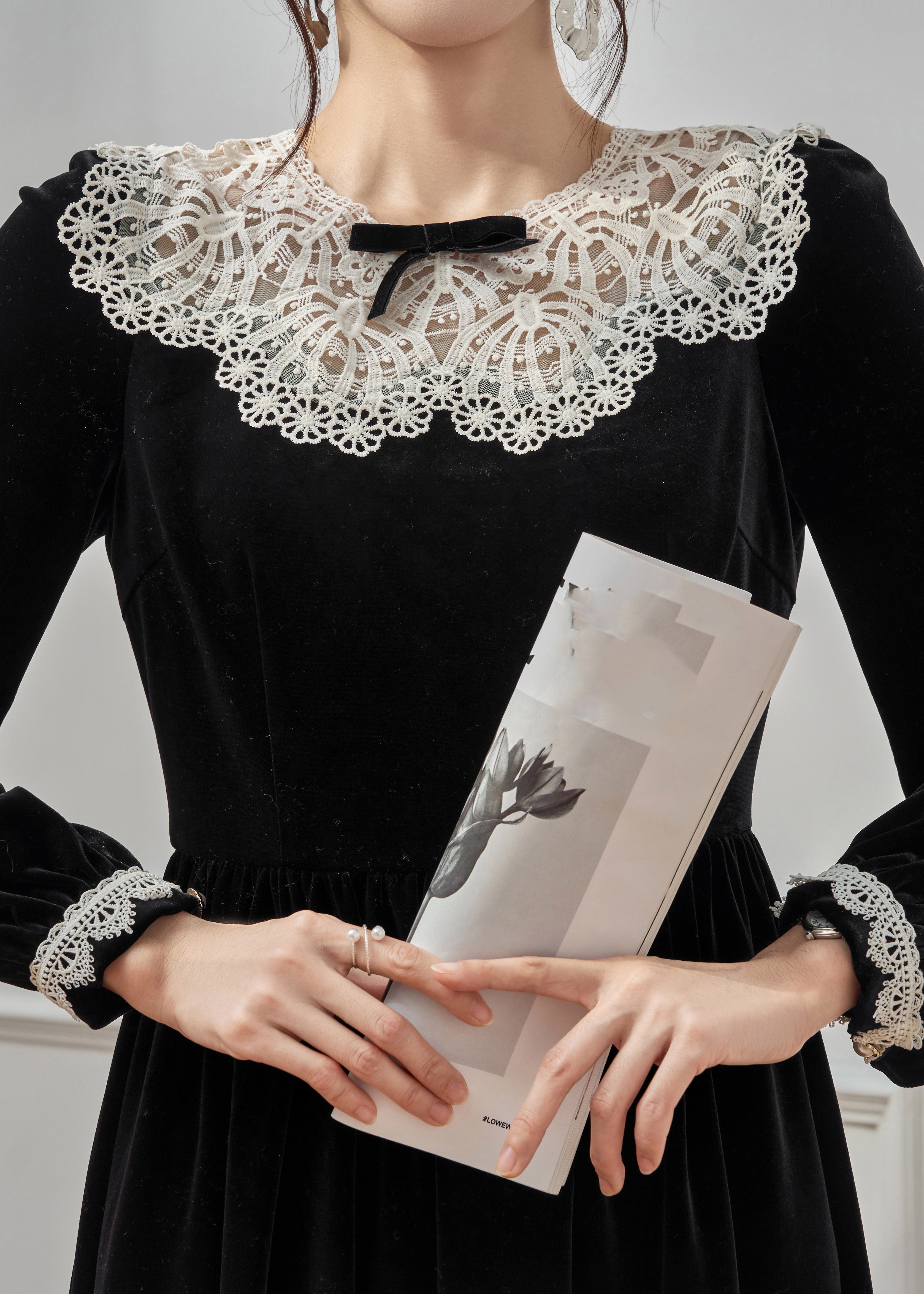 Velvet Long Sleeve Lace Peter Pan Collar Bow A-Line Maxi Dress