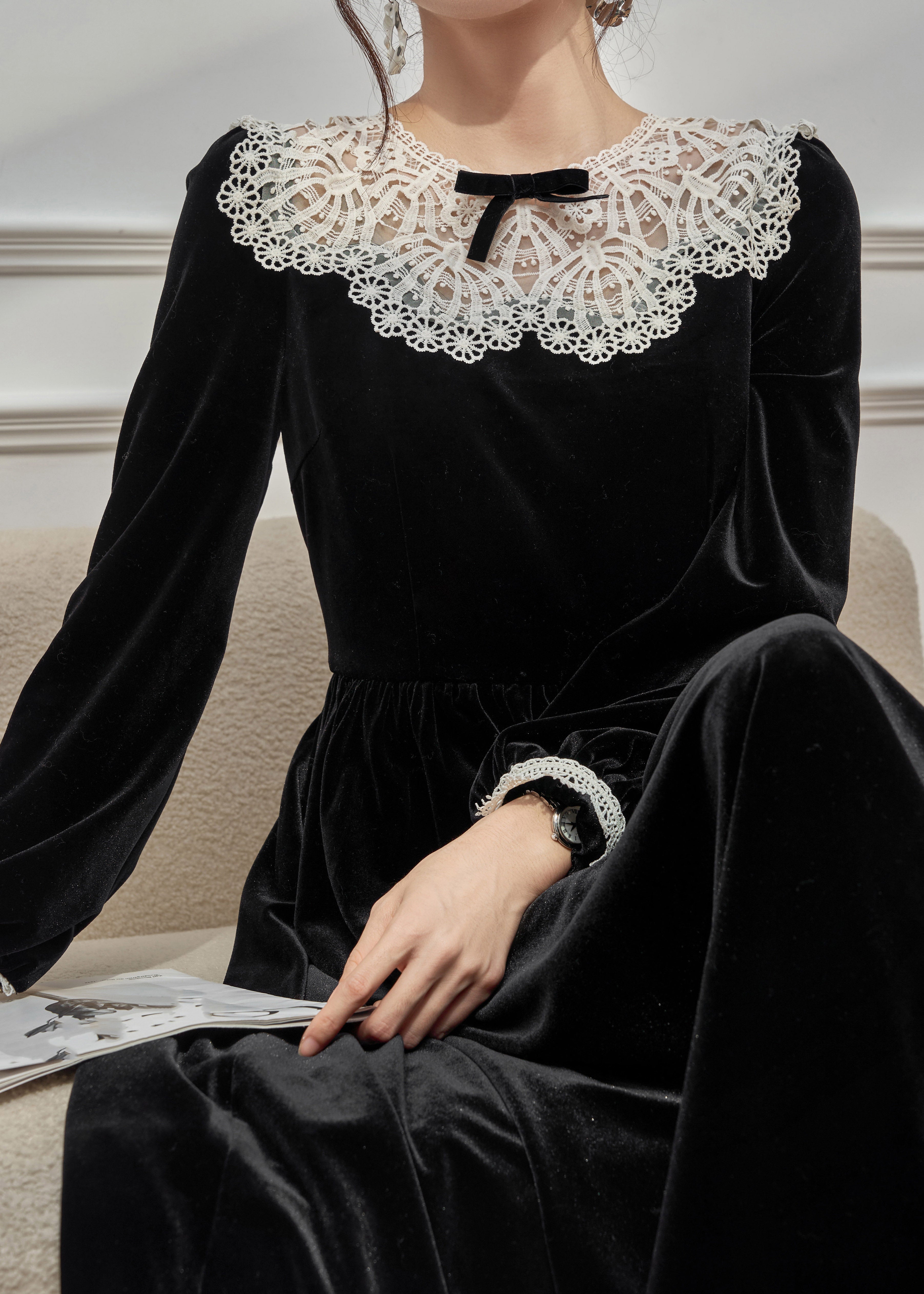 Velvet Long Sleeve Lace Peter Pan Collar Bow A-Line Maxi Dress