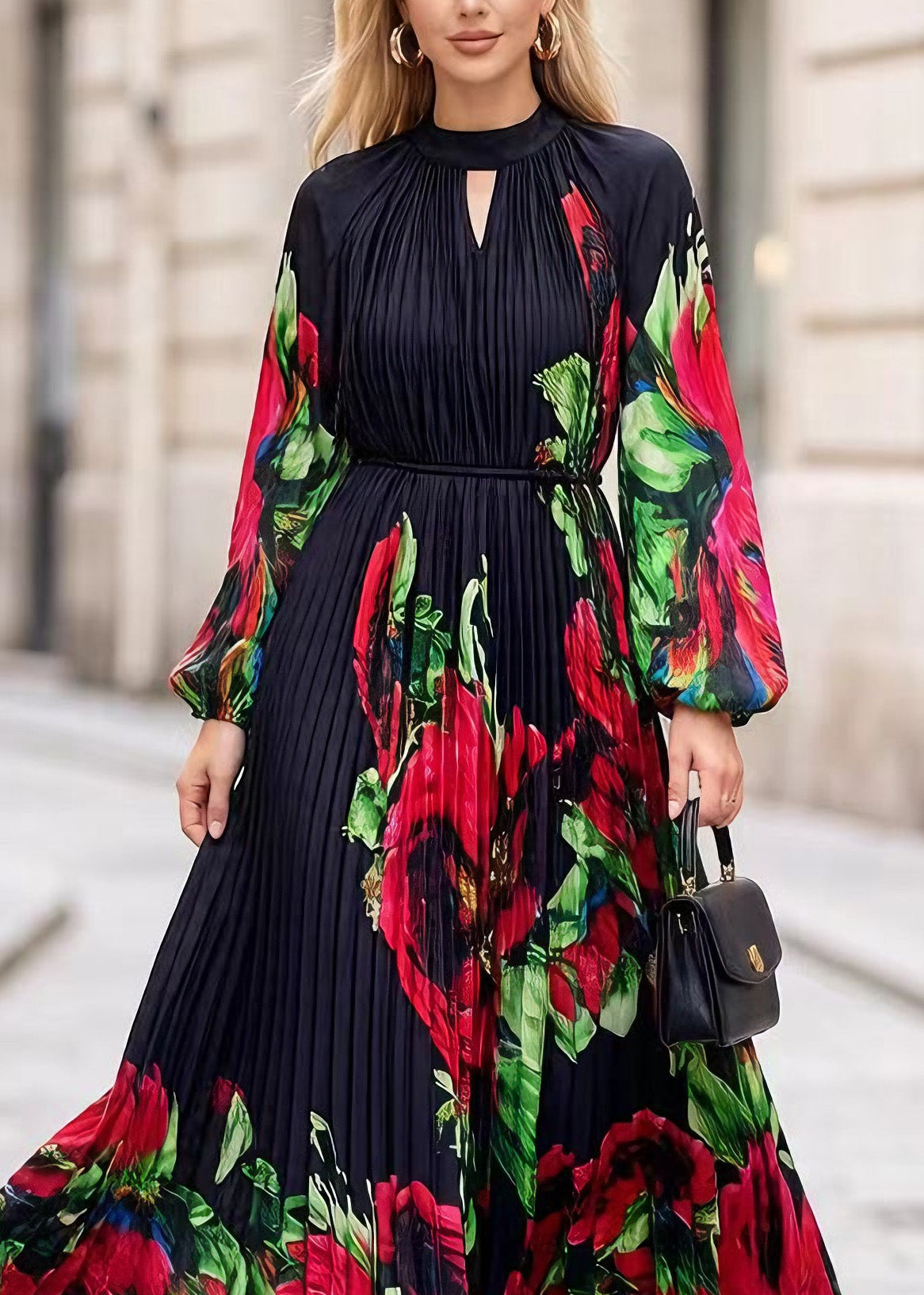 Floral Print Accordion Pleat Mock Neck Keyhole Balloon Sleeve Maxi Dress
