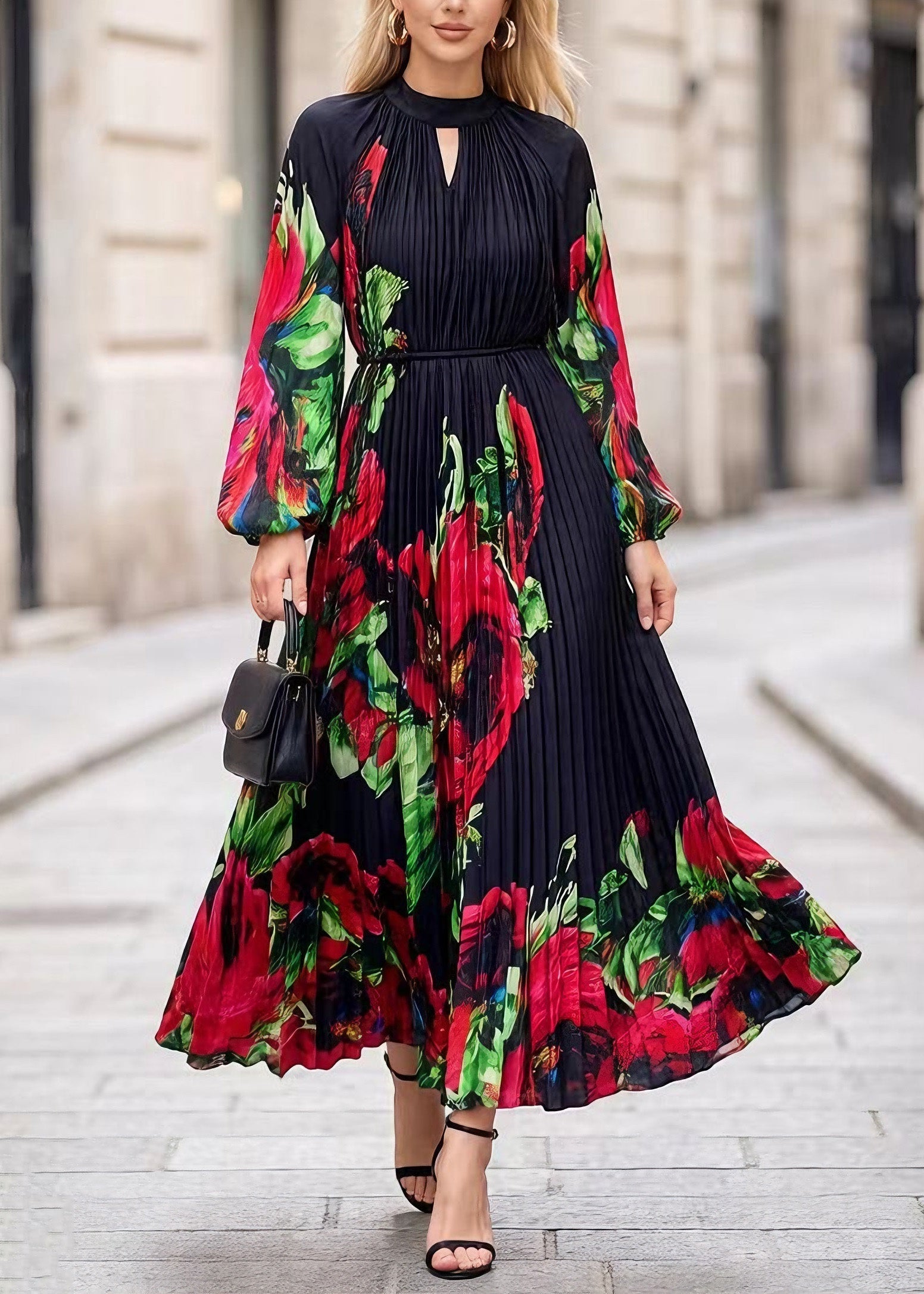Floral Print Accordion Pleat Mock Neck Keyhole Balloon Sleeve Maxi Dress