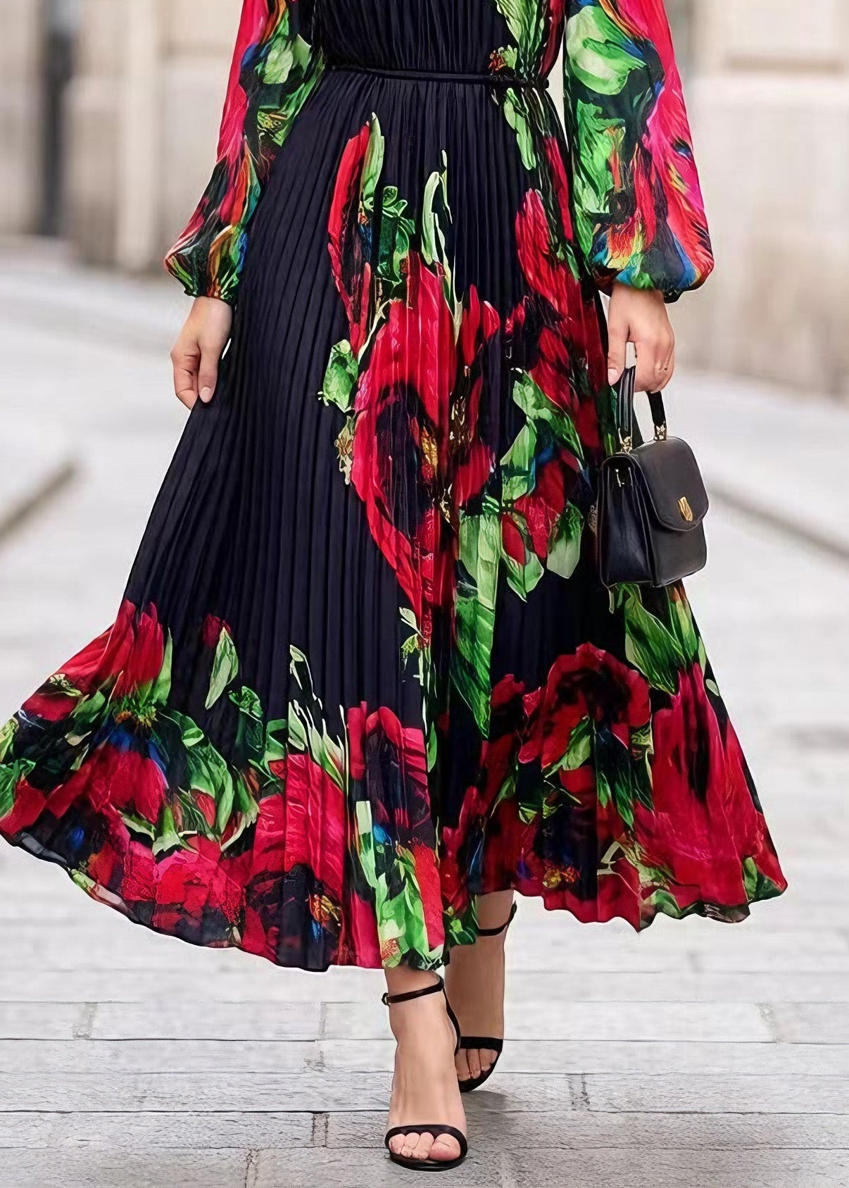 Floral Print Accordion Pleat Mock Neck Keyhole Balloon Sleeve Maxi Dress
