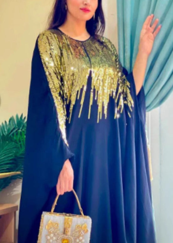 Sequin Cape Sleeve Crew Neck Dripping Embellished A-Line Maxi Gown