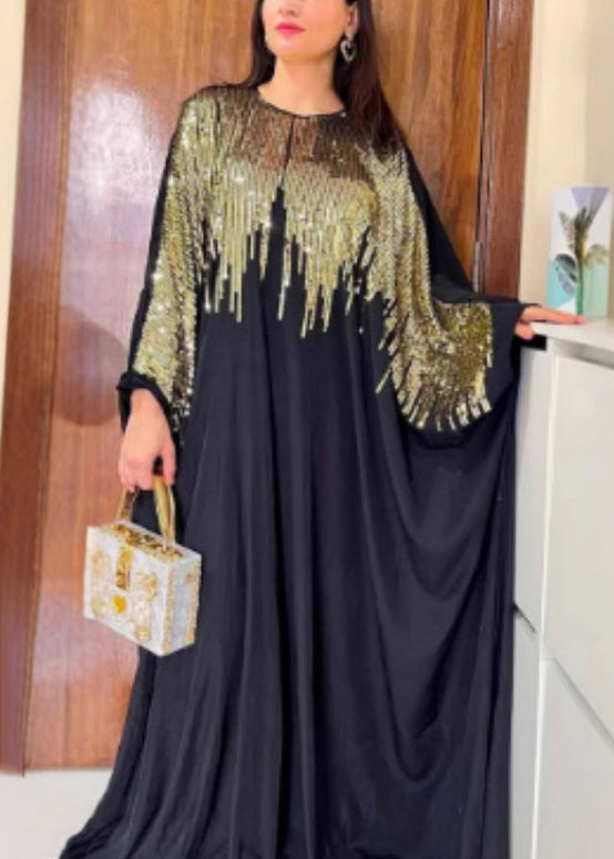Sequin Cape Sleeve Crew Neck Dripping Embellished A-Line Maxi Gown