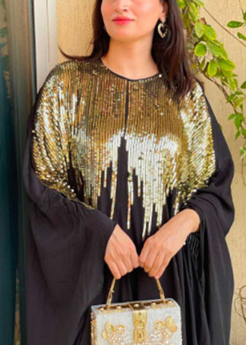 Sequin Cape Sleeve Crew Neck Dripping Embellished A-Line Maxi Gown
