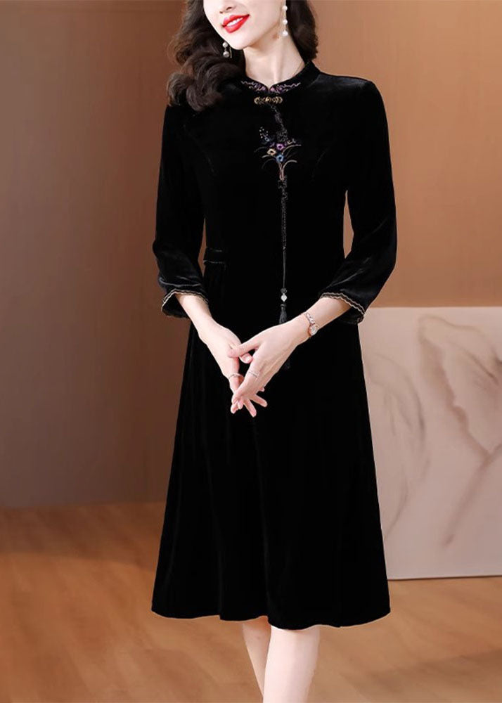 Classy Black Stand Collar Embroideried Floral Silk Velour Maxi Dress Fall 2