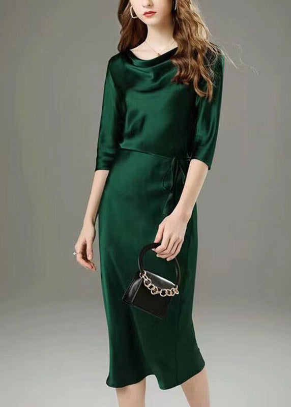 Satin Cowl Neck Three Quarter Sleeve Tie Waist Midi Dress