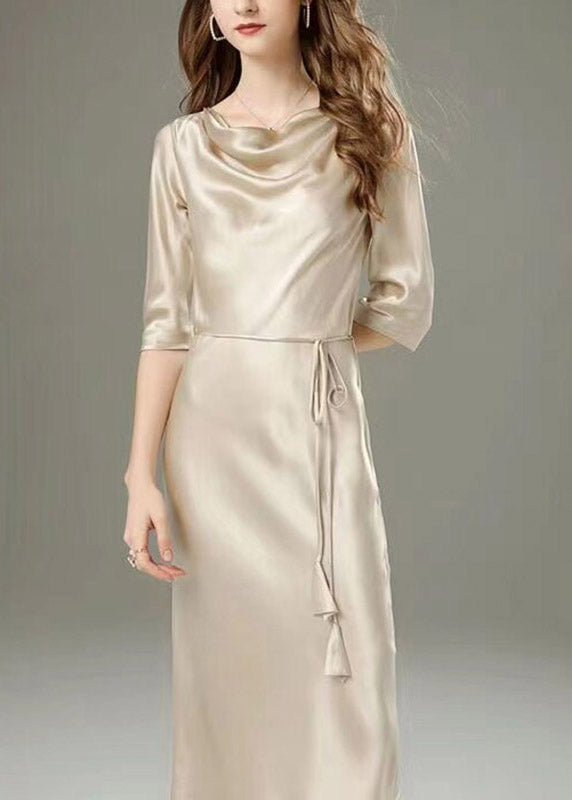 Satin Cowl Neck Three Quarter Sleeve Tie Waist Midi Dress