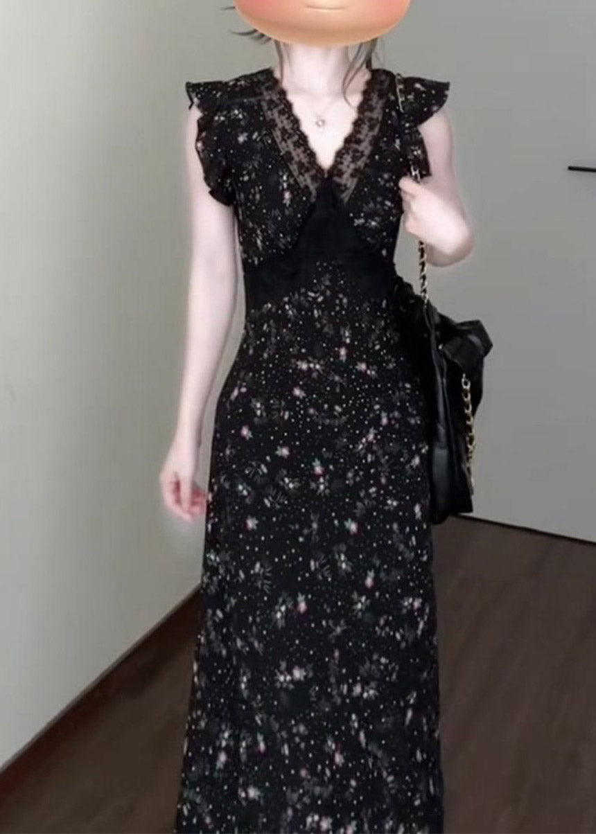Floral Polka Dot Lace Trim V-Neck Flutter Sleeve Waist Panel Midi Dress