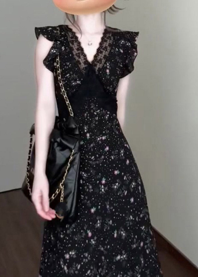 Floral Polka Dot Lace Trim V-Neck Flutter Sleeve Waist Panel Midi Dress