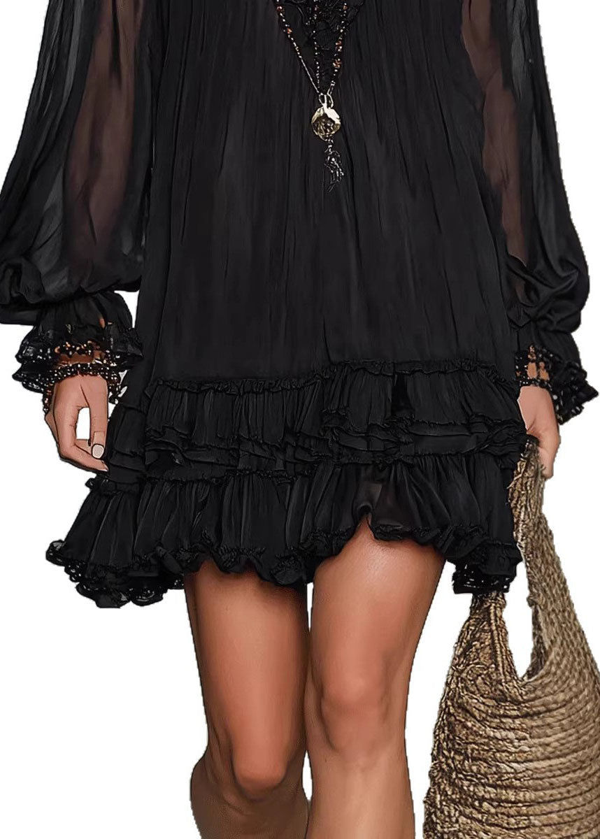 Classy Black V Neck Ruffled Patchwork Chiffon Dresses Fall 5