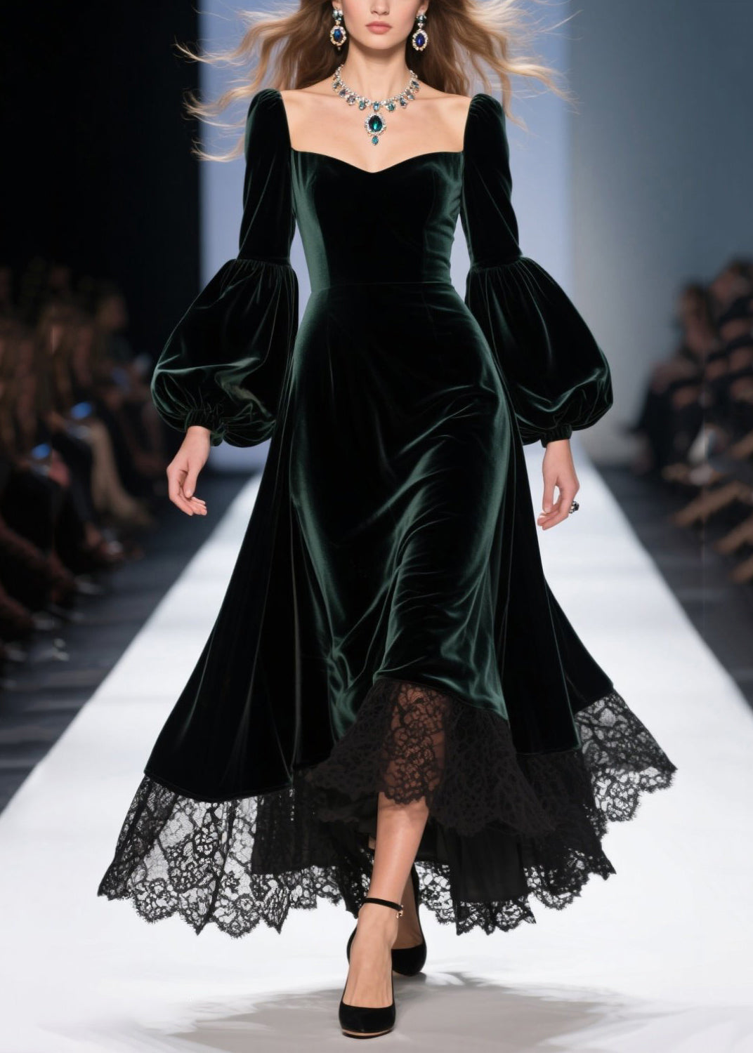 Velvet Sweetheart Puff Sleeve Lace Hem A-Line Midi Dress