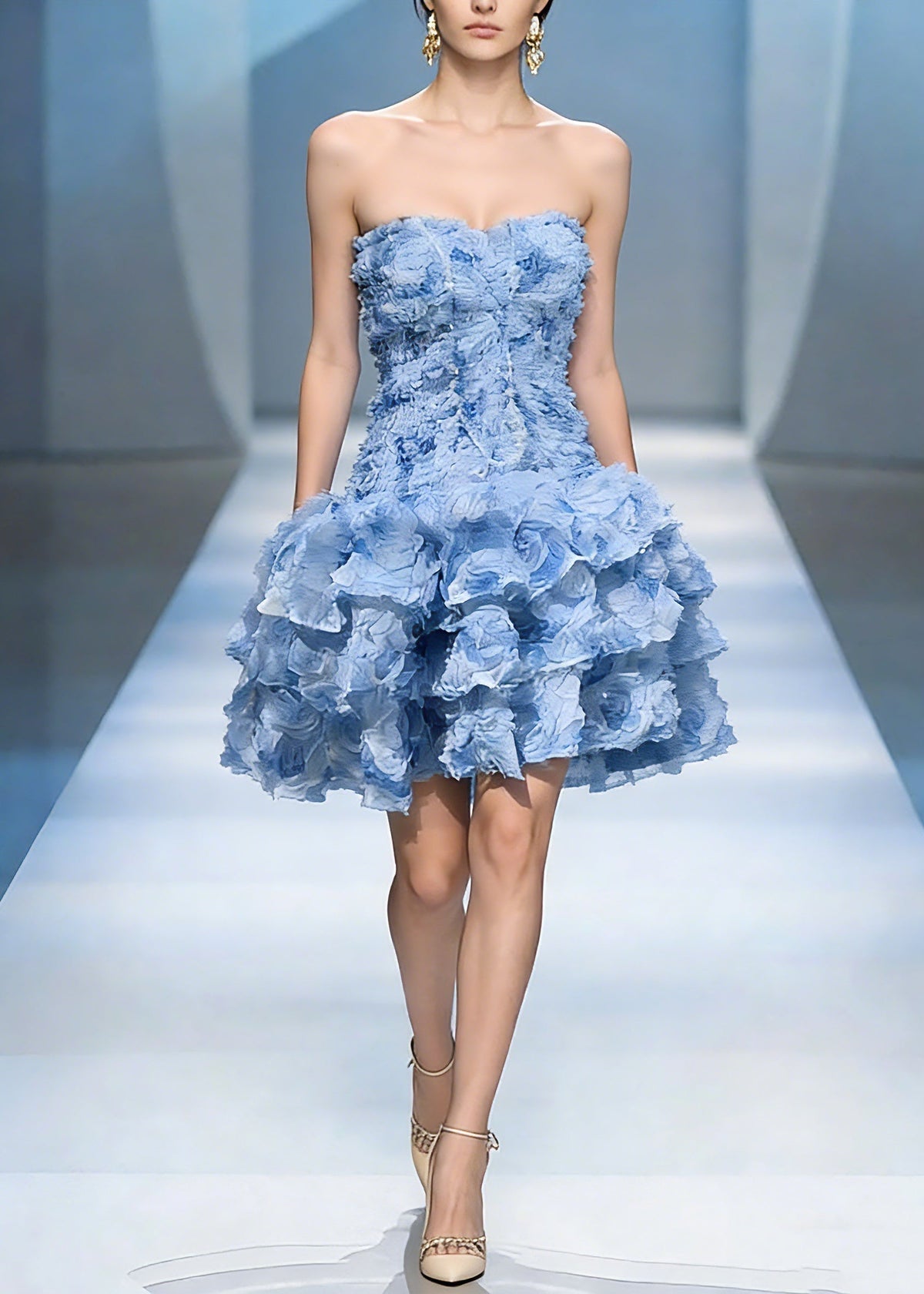 Strapless Sweetheart 3D Rosette Tiered Ruffle Fit and Flare Mini Dress