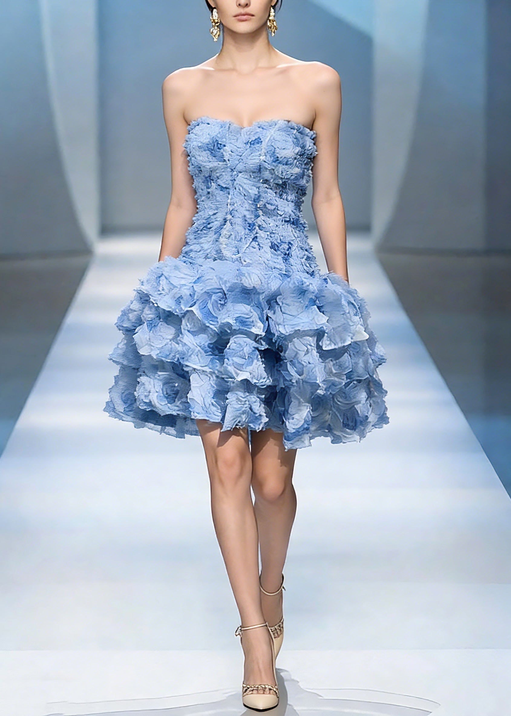 Strapless Sweetheart 3D Rosette Tiered Ruffle Fit and Flare Mini Dress