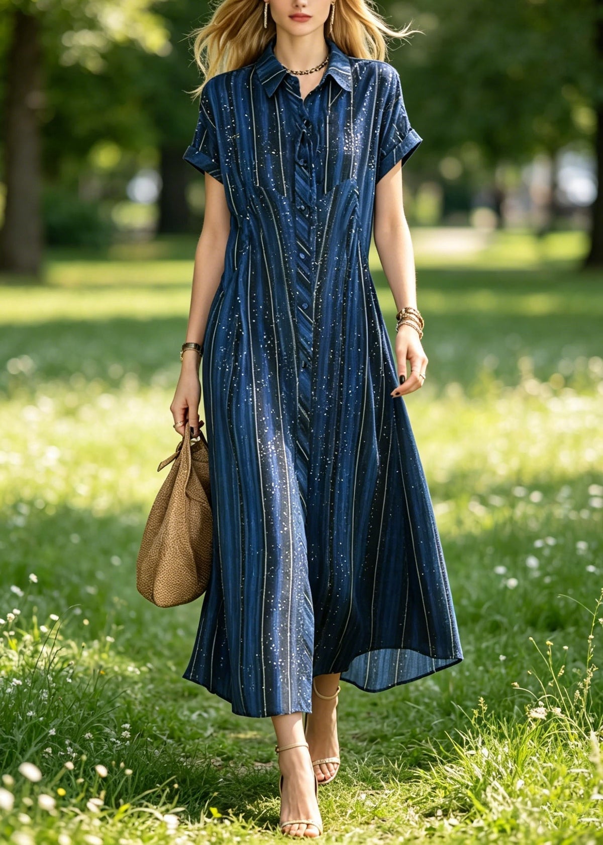 Striped Speckle Print Peter Pan Collar Shirt Maxi Dress