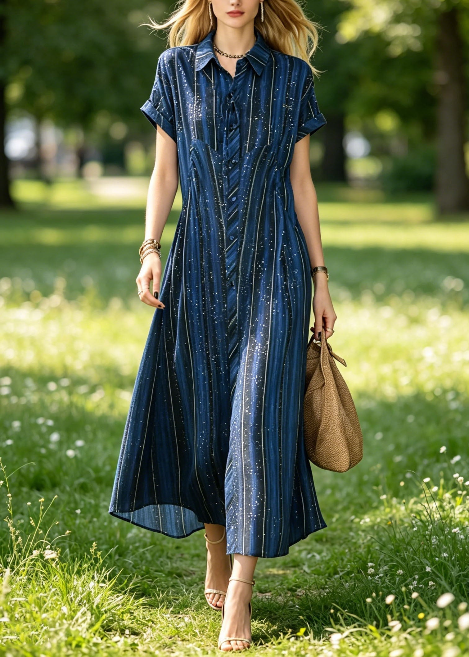 Striped Speckle Print Peter Pan Collar Short Sleeve Button Front Shirt Maxi Dress