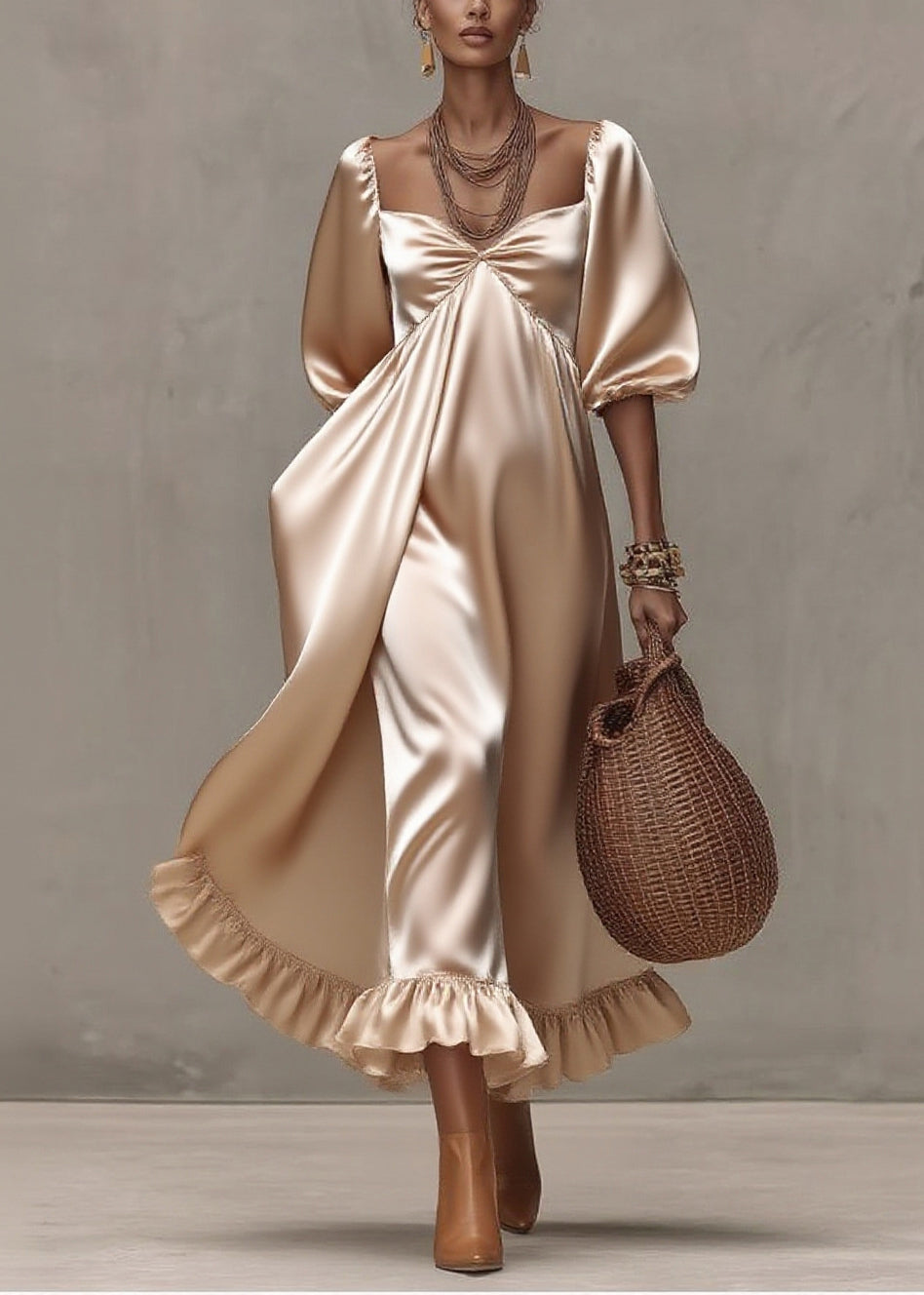 Satin Deep V-Neck Puff Sleeve Empire Waist Draped Ruffle Hem Midi Dress